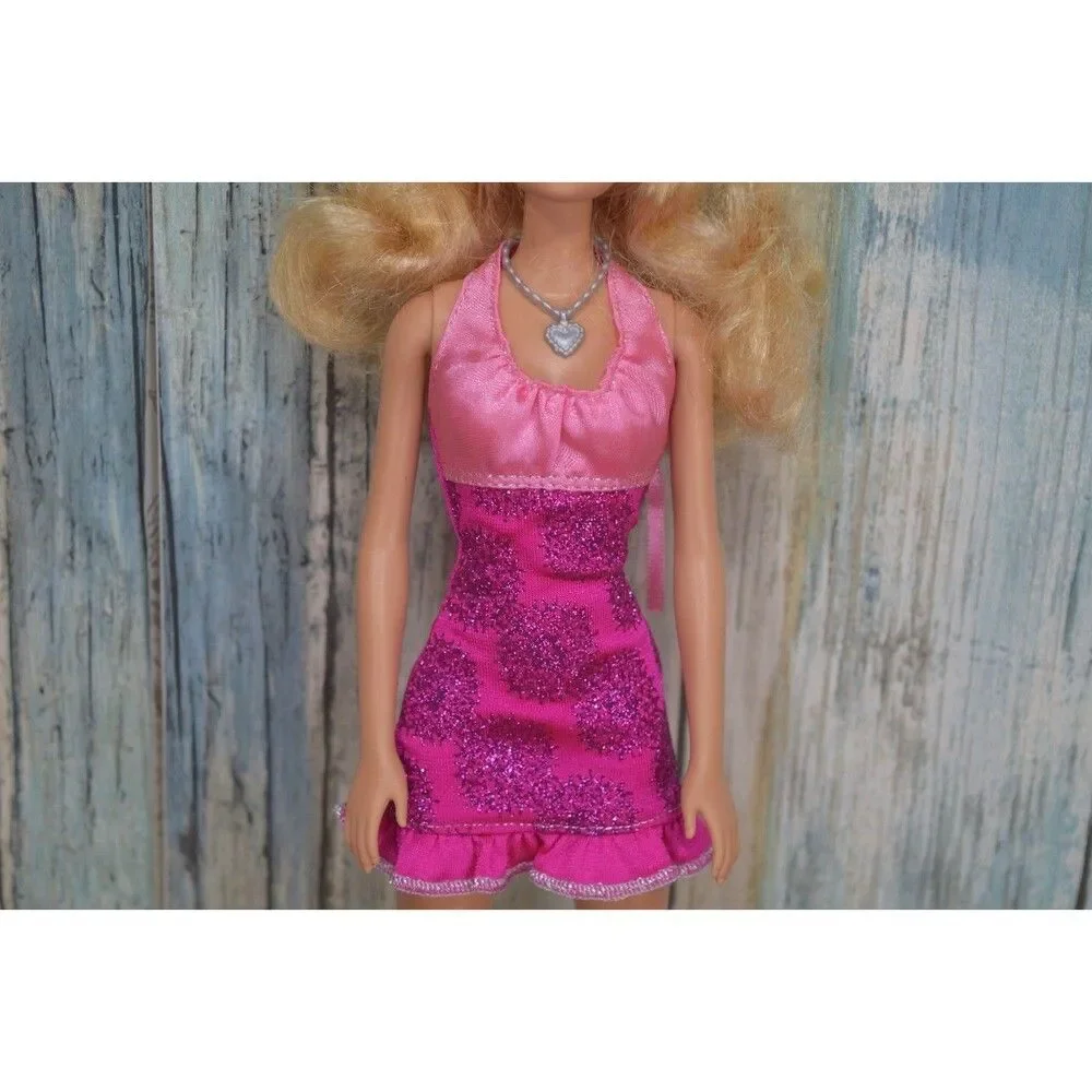 Barbie Doll Blond Hair Blue Eyes Pink Glitter Dress Silver Necklace & Heels
